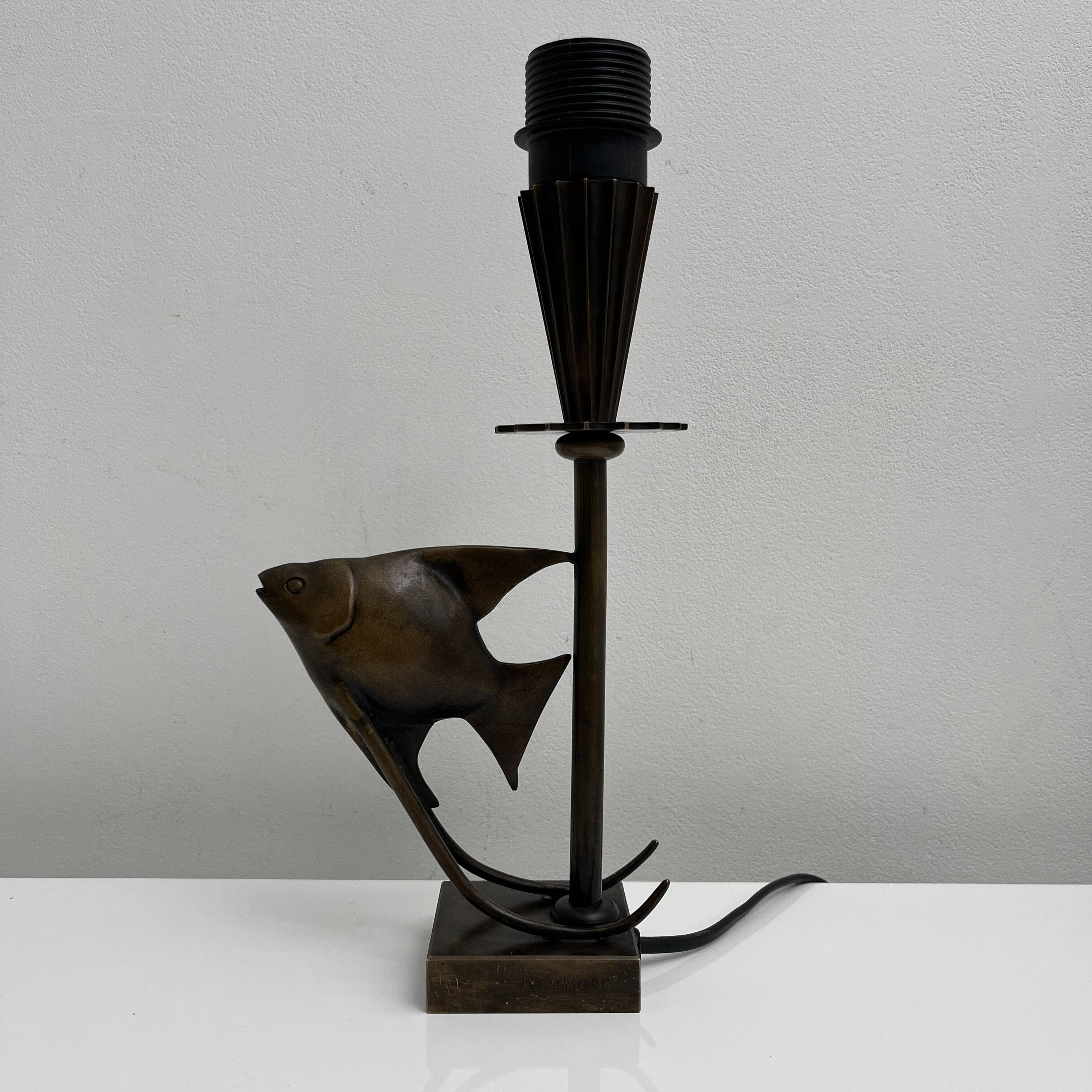 Bronze lamp base with fish decoration in Art Deco style Reussner Switzerland