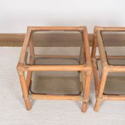 Pair of bedside tables or side tables, in rattan and smoked glass