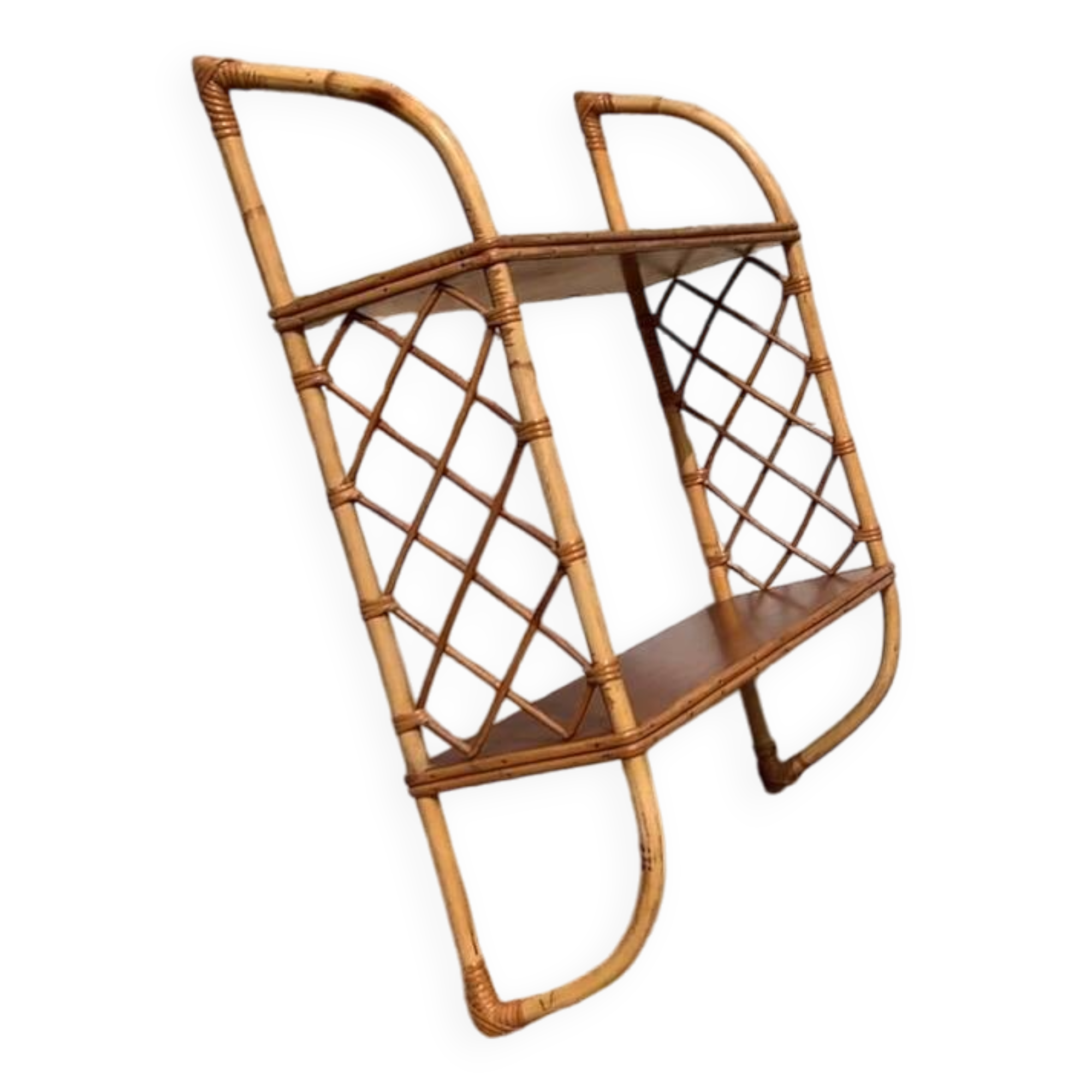 Etagère murale vintage en bois et rotin