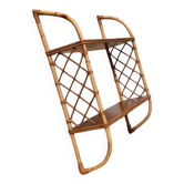 Vintage wooden and rattan wall shelf