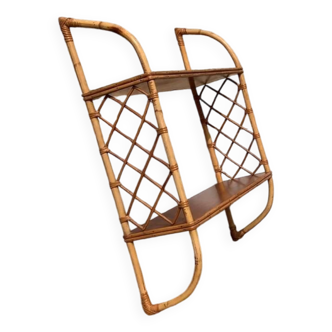 Vintage wooden and rattan wall shelf