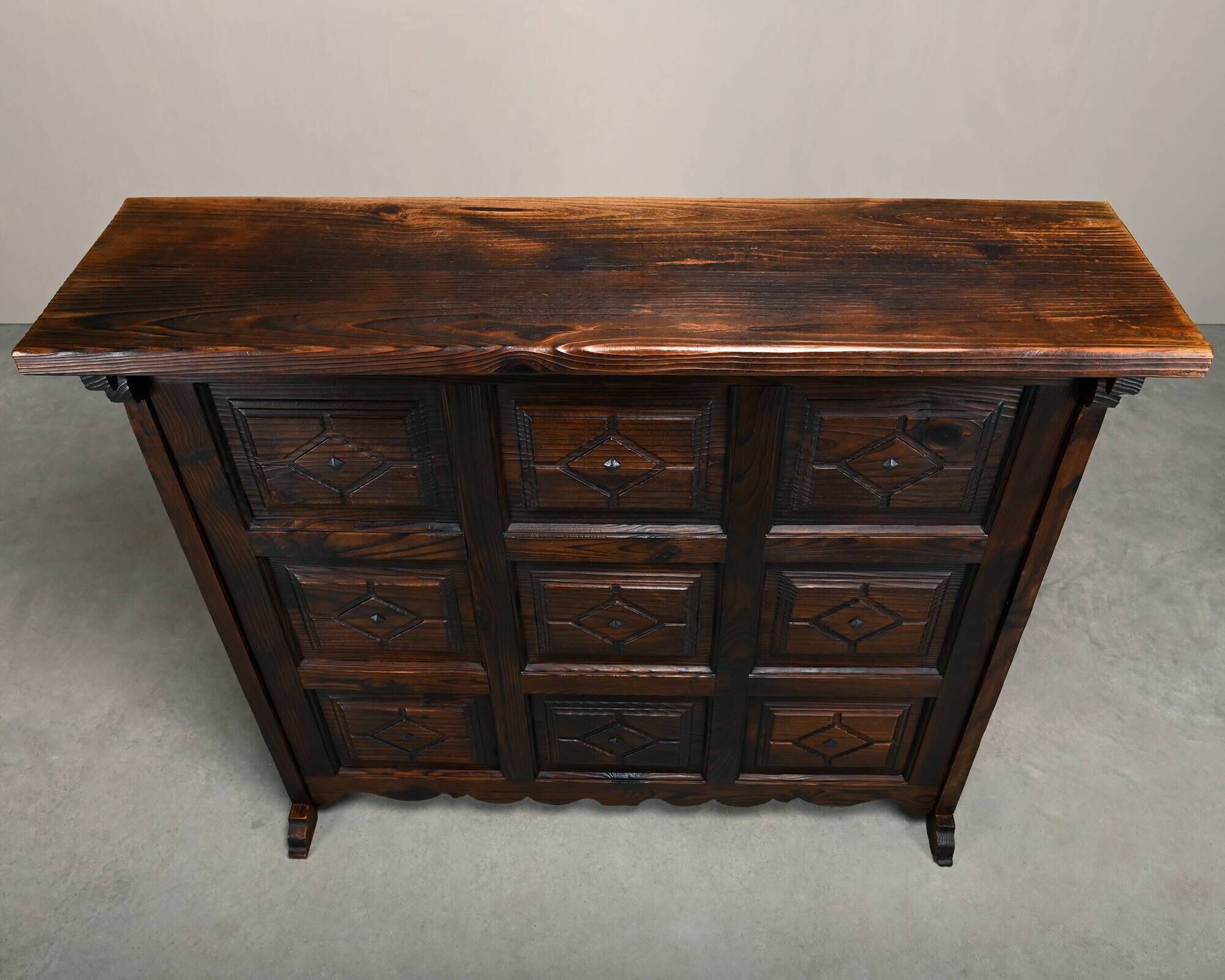Spanish Rustic Brutalist Dry Bar Counter with matching Barstools