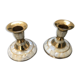 Set of 2 mother-of-pearl candlesticks and brass