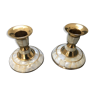 Set of 2 mother-of-pearl candlesticks and brass