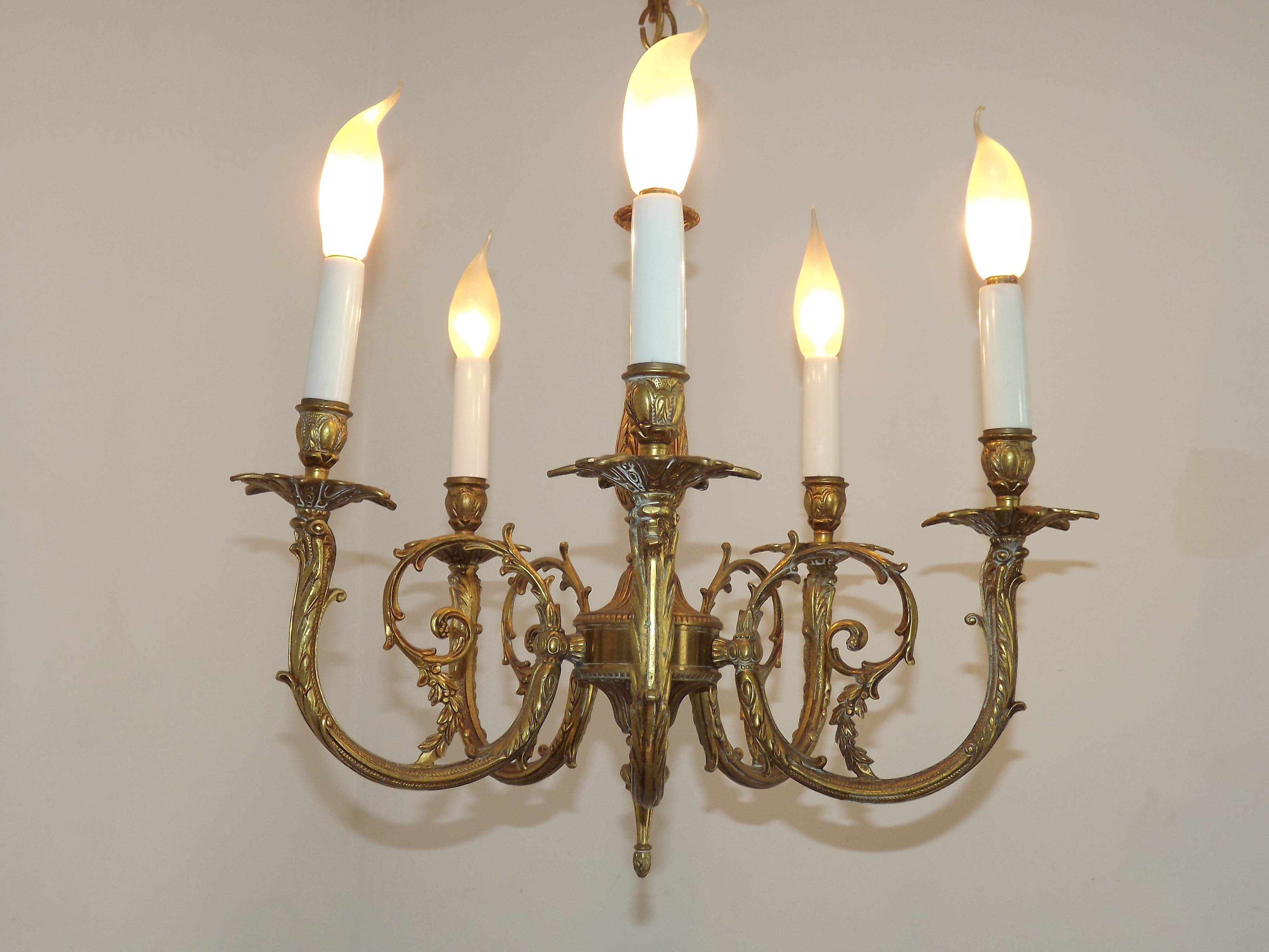 Elegant French Vintage Bronze 5-Light Art Nouveau Style Chandelier