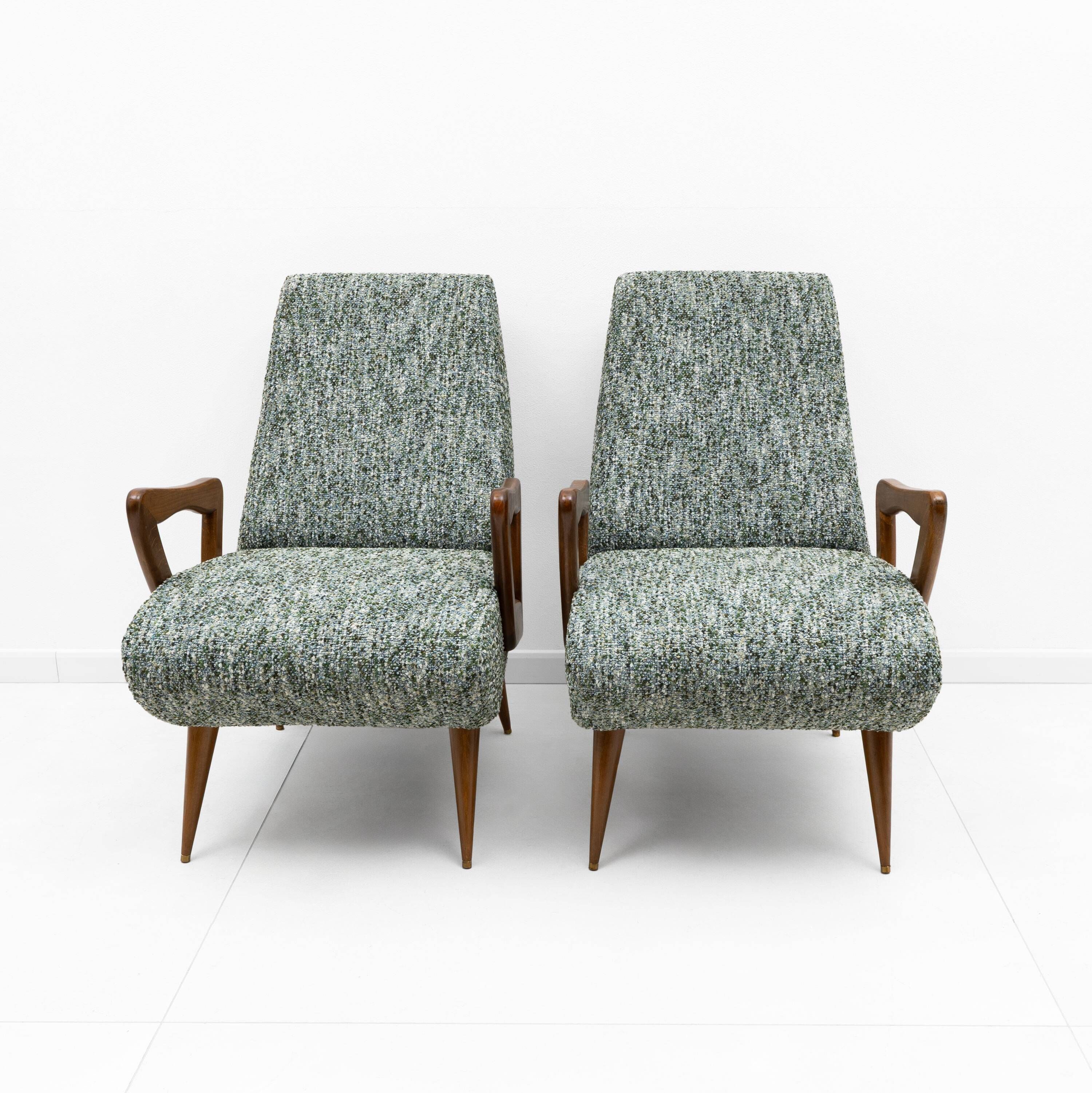 Pair of Italian Mid-Century Modern Armchairs with Sculptural Wooden Arms