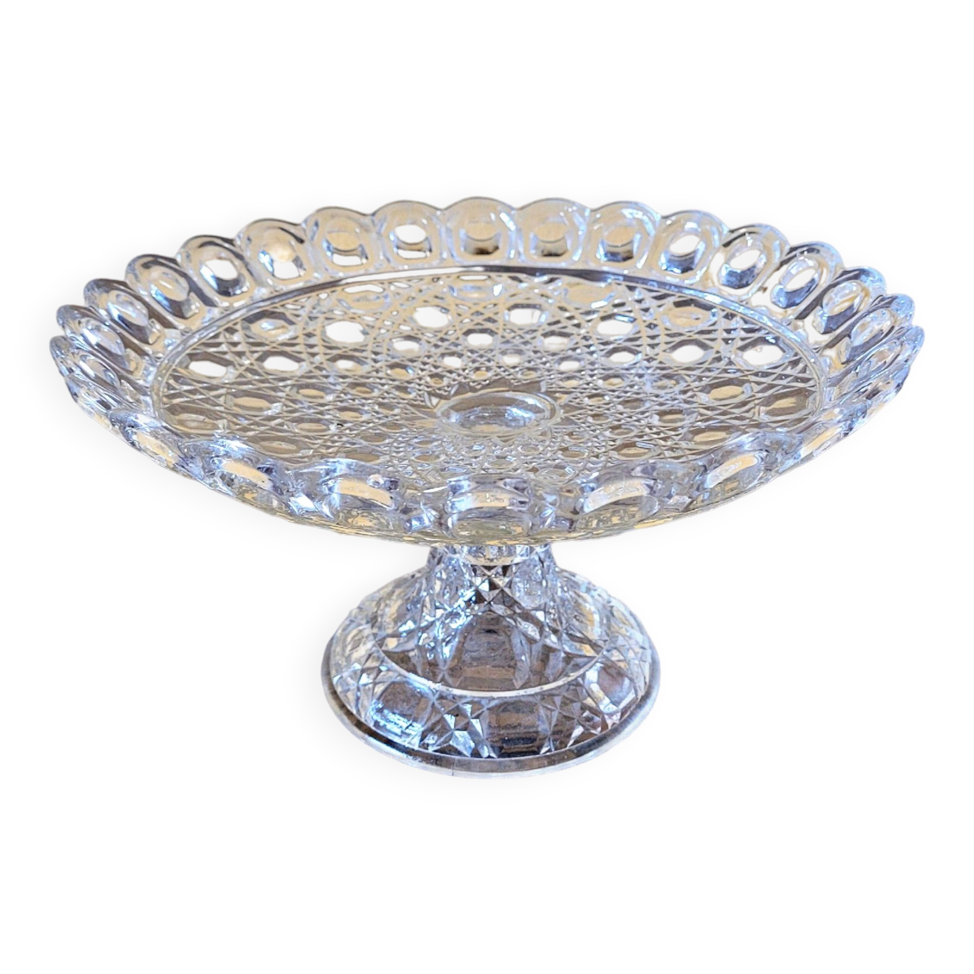 Molded glass compote bowl, geometric decoration