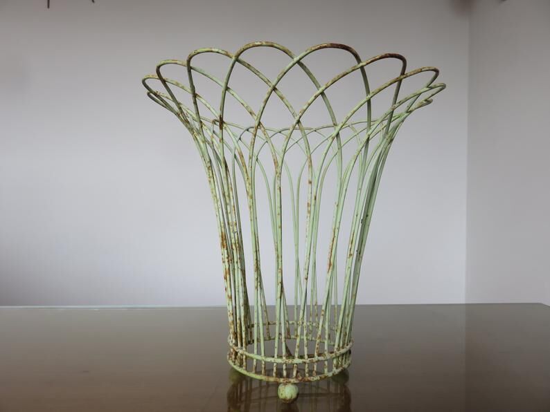 Cache pot tripod in pale green metal and yellow 50 60 years