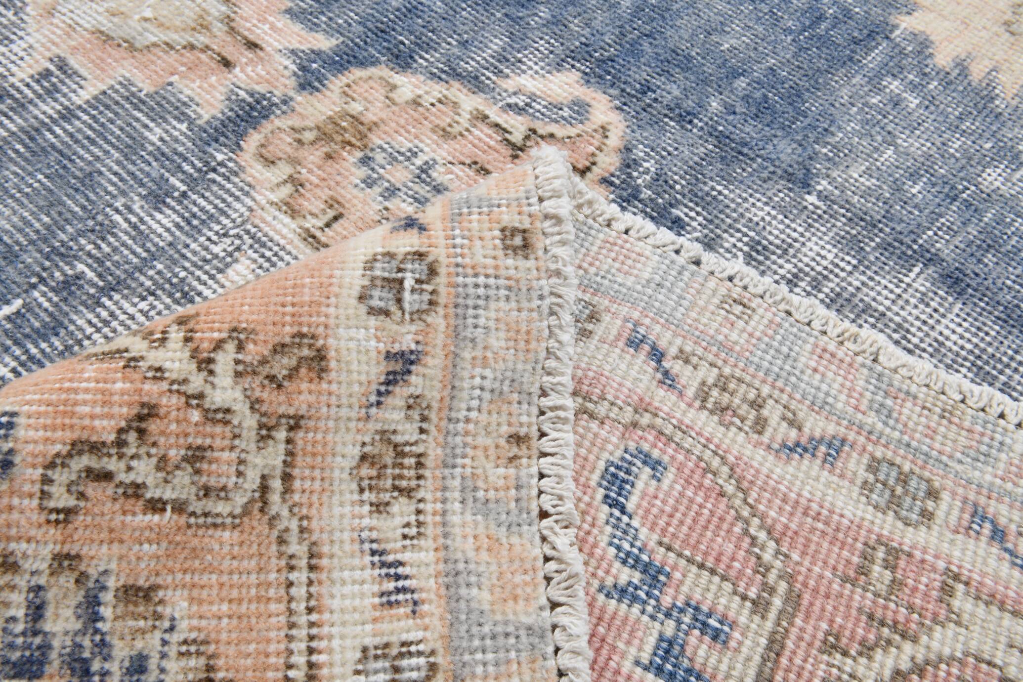 7x11 Soft Beige & Blue Wool Vintage Rug For Living Room, 210x324 Cm