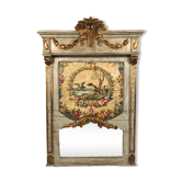 Trumeau in gray lacquered wood, gold rechampi. Oil on paper mounted with animal decoration. Nineteenth