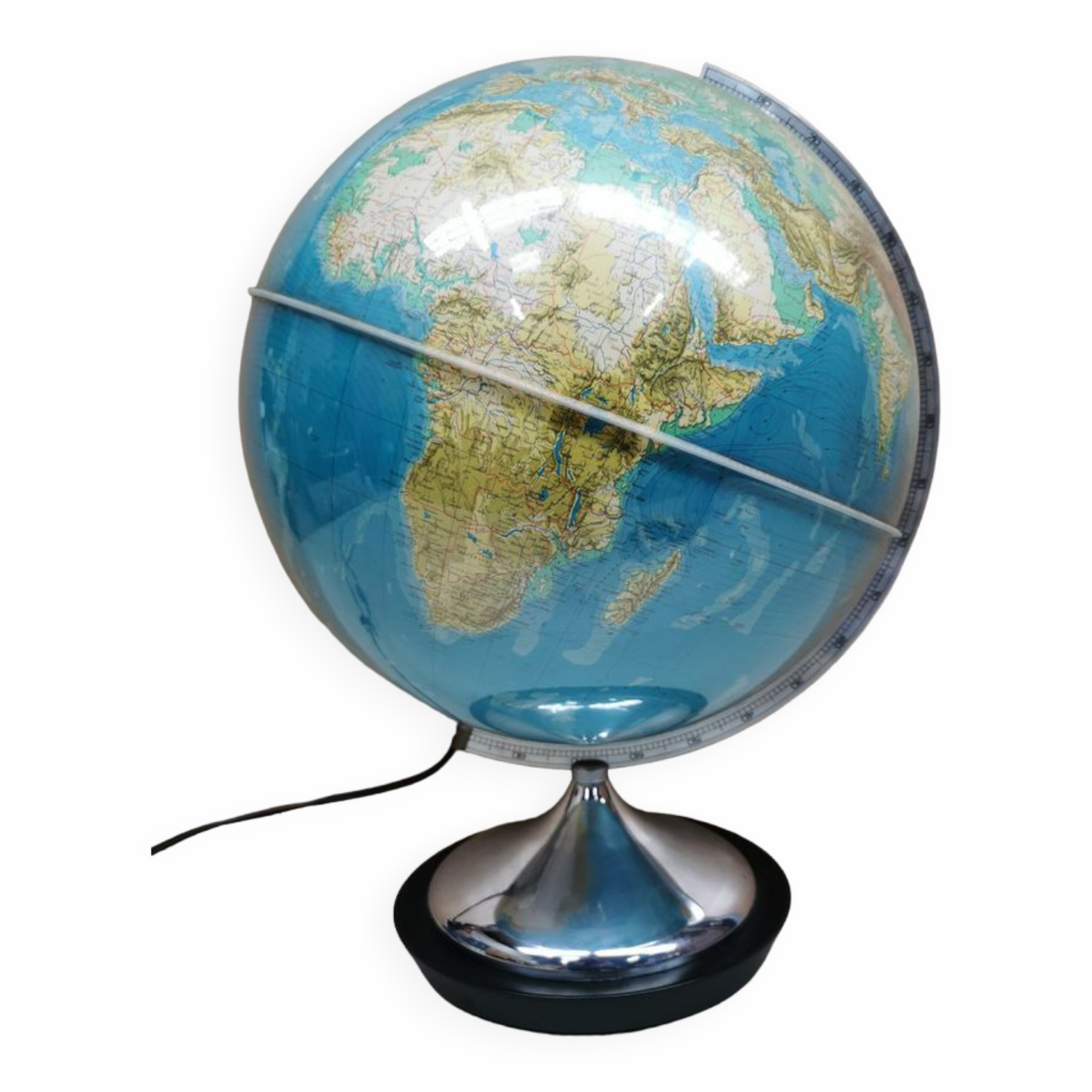 Beautiful bright vintage globe, 70's chrome foot lamp night light