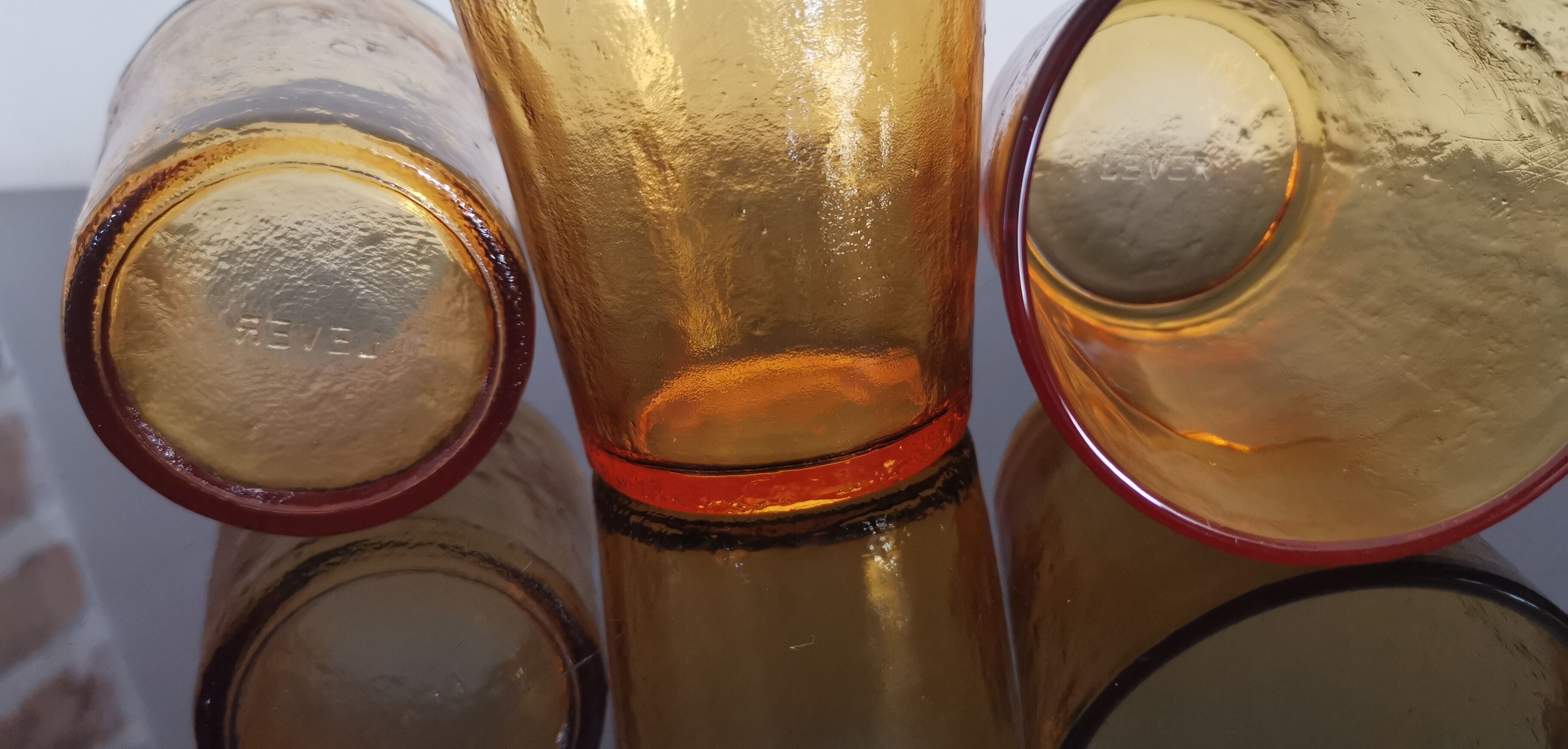 6 old amber colored glasses "lever" year 1970