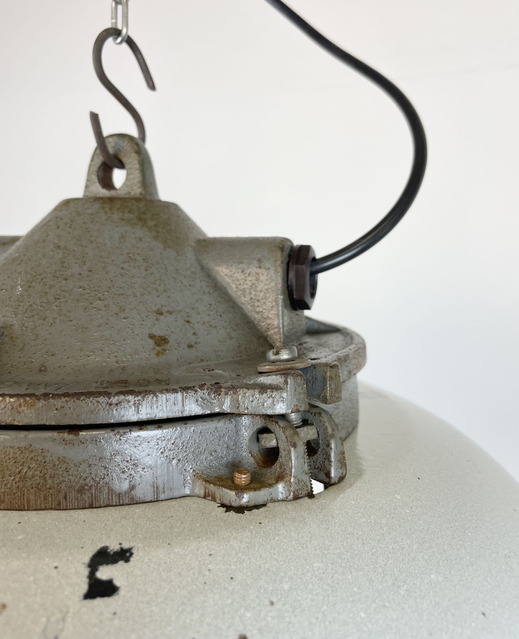 Industrial Grey Enamel Factory Cage Pendant Lamp in Cast Iron from Zaos, 1960s