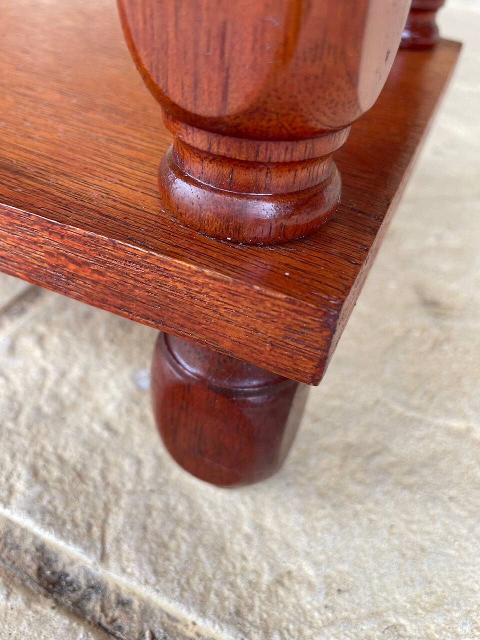 Vintage 5-tier turned wood shelf on legs.