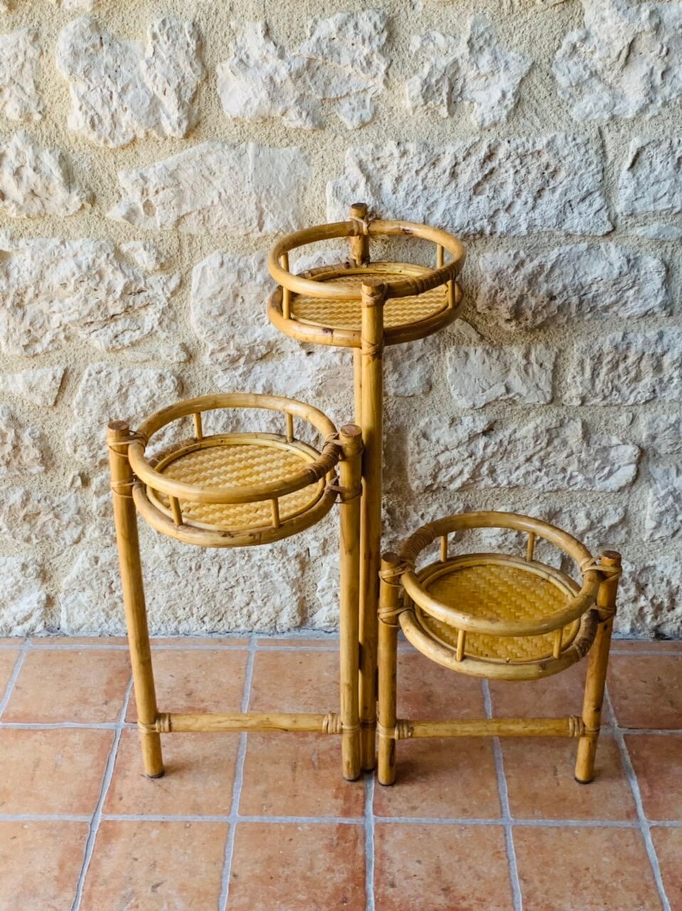 Vintage folding plant holder in bamboo and rattan, circa 1970's