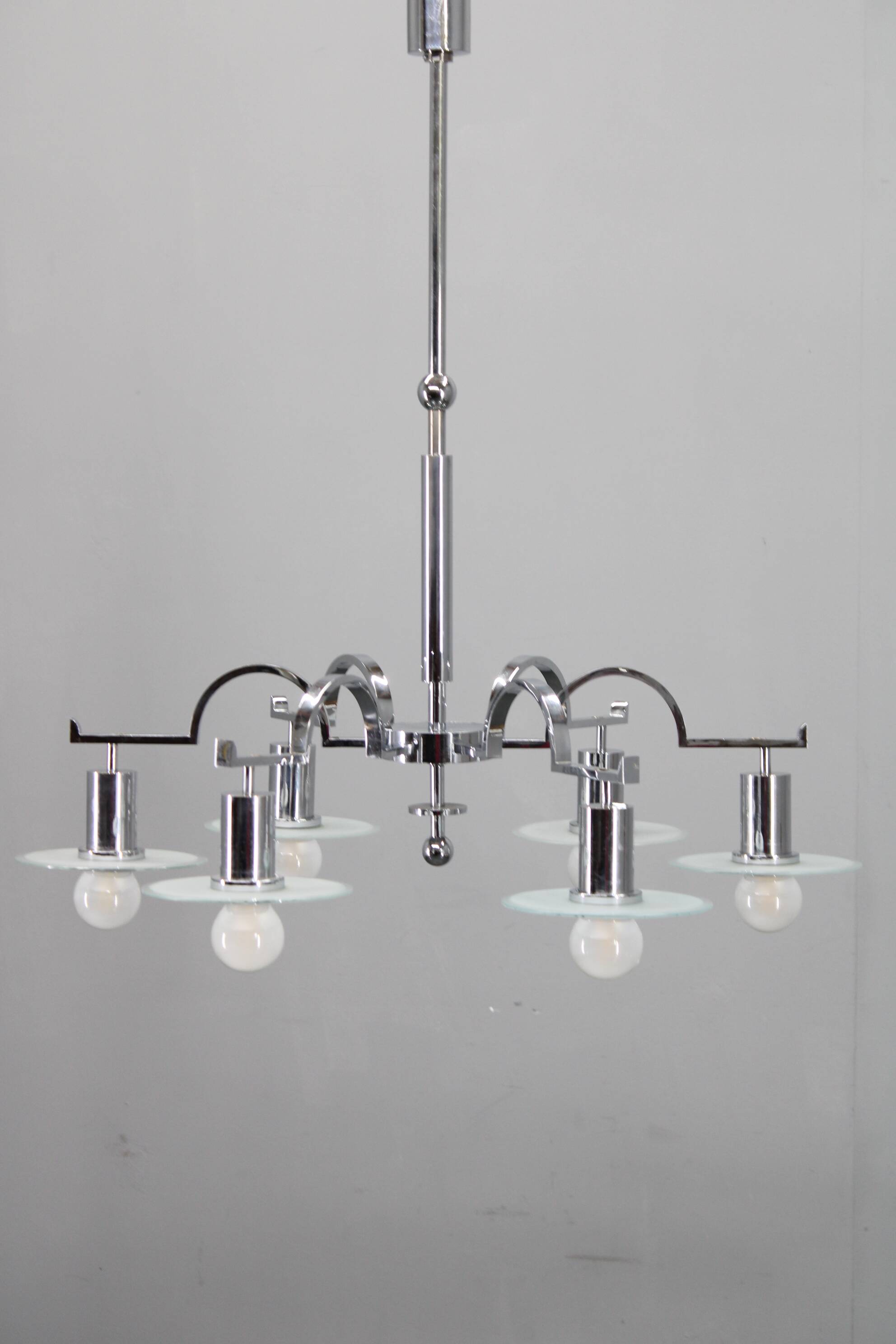 Art Deco chrome chandelier with 6 sandblasted glass discs, Czechoslovakia 1930s