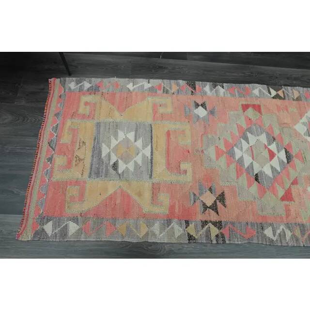 1970s Vintage Turkish Handmade Wool & Cotton Pink Runner Rug 94x306