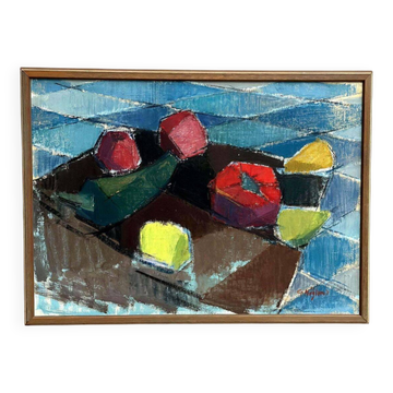 Original Mid Century Swedish Oil On Canvas – “Still Life With Fruits” By Gustaf Höglund – Vintage & Framed