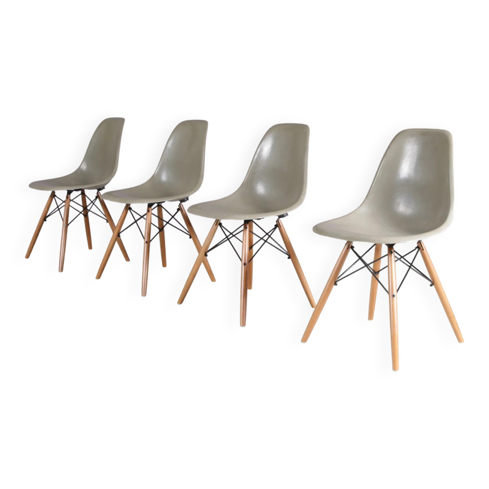 1960s set of 4 dining chairs in “sea foam” green fiberglass / Charles & Ray Eames / Herman Miller, USA