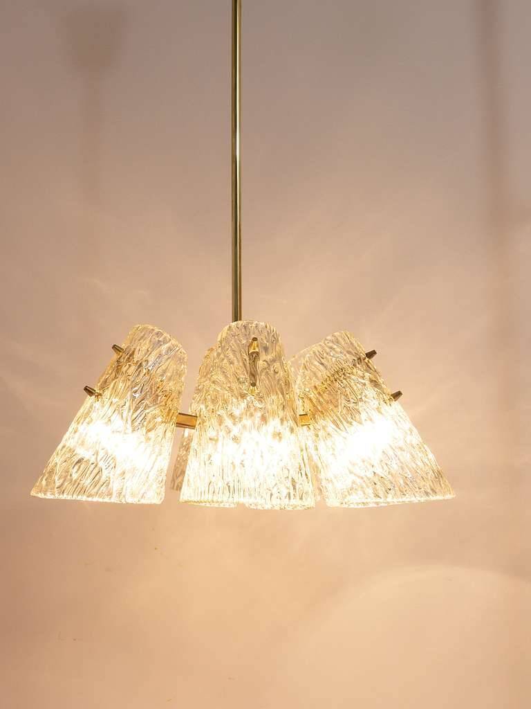 J.T. Kalmar Lustre in Brass, with Textured Glass Shade in Cone Shape, Austria, 1950