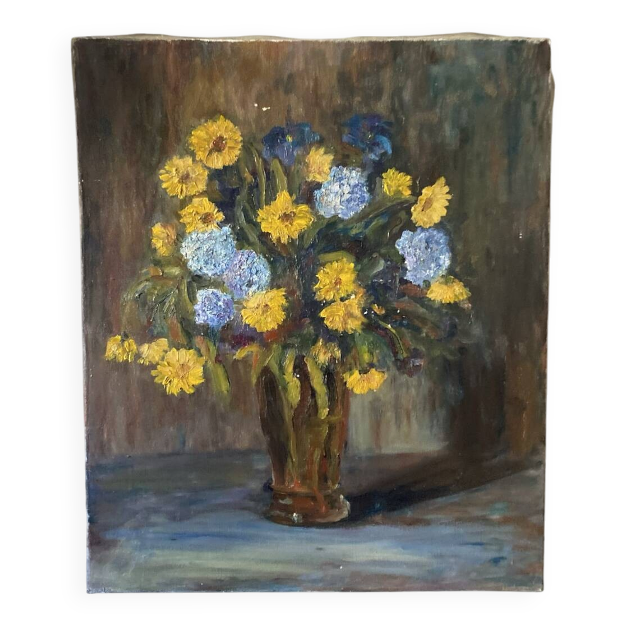 Oil on canvas, bouquet of yellow and blue flowers, mid-20th century.