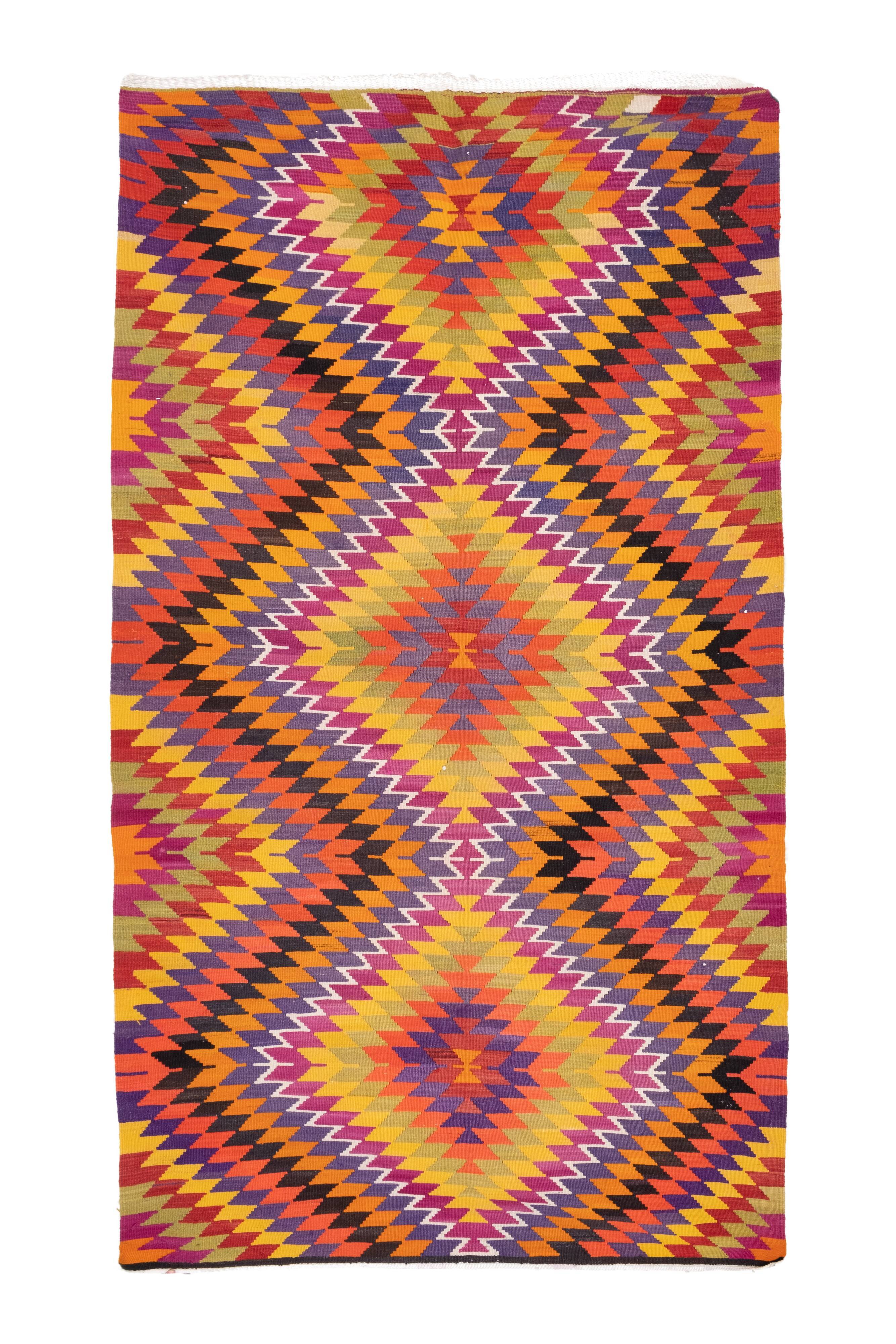 Vintage Oriental Diamond Pattern Large Floor Turkish Kilim Rug 6' X 11'2"