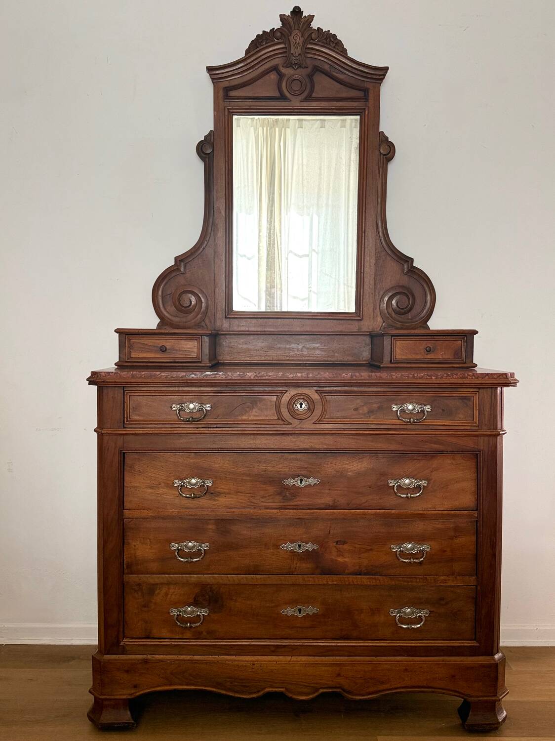 Louis-Philippe walnut commode with marble top and pediment mirror –
