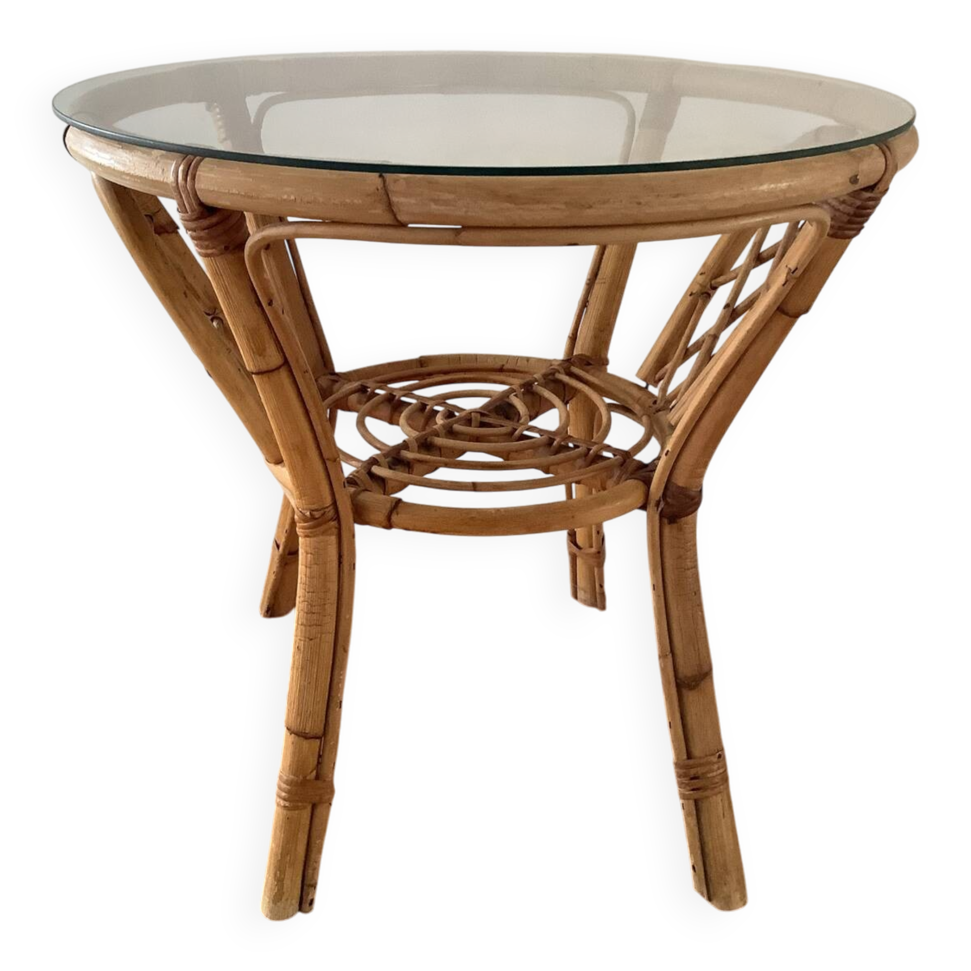 Table basse vintage en rotin et verre