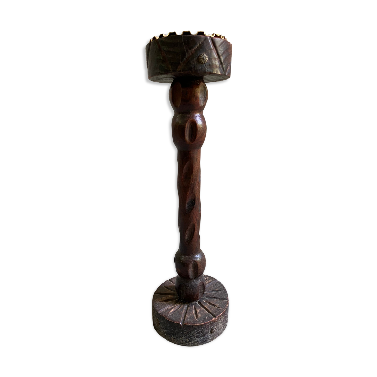 Rustic ashtray carved wood on vintage stand