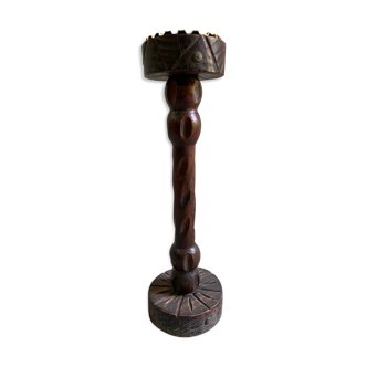 Rustic ashtray carved wood on vintage stand