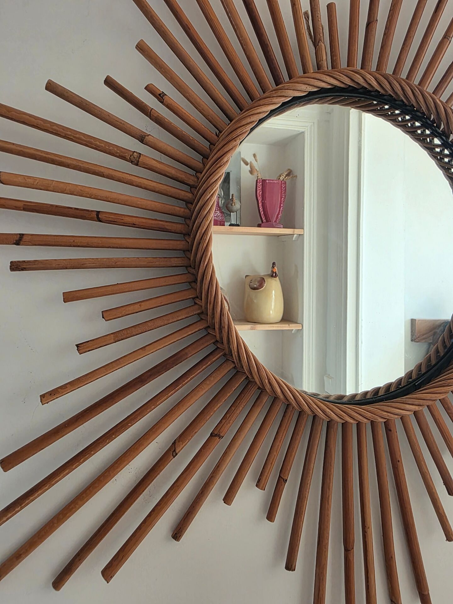 Vintage XL rattan sun mirror