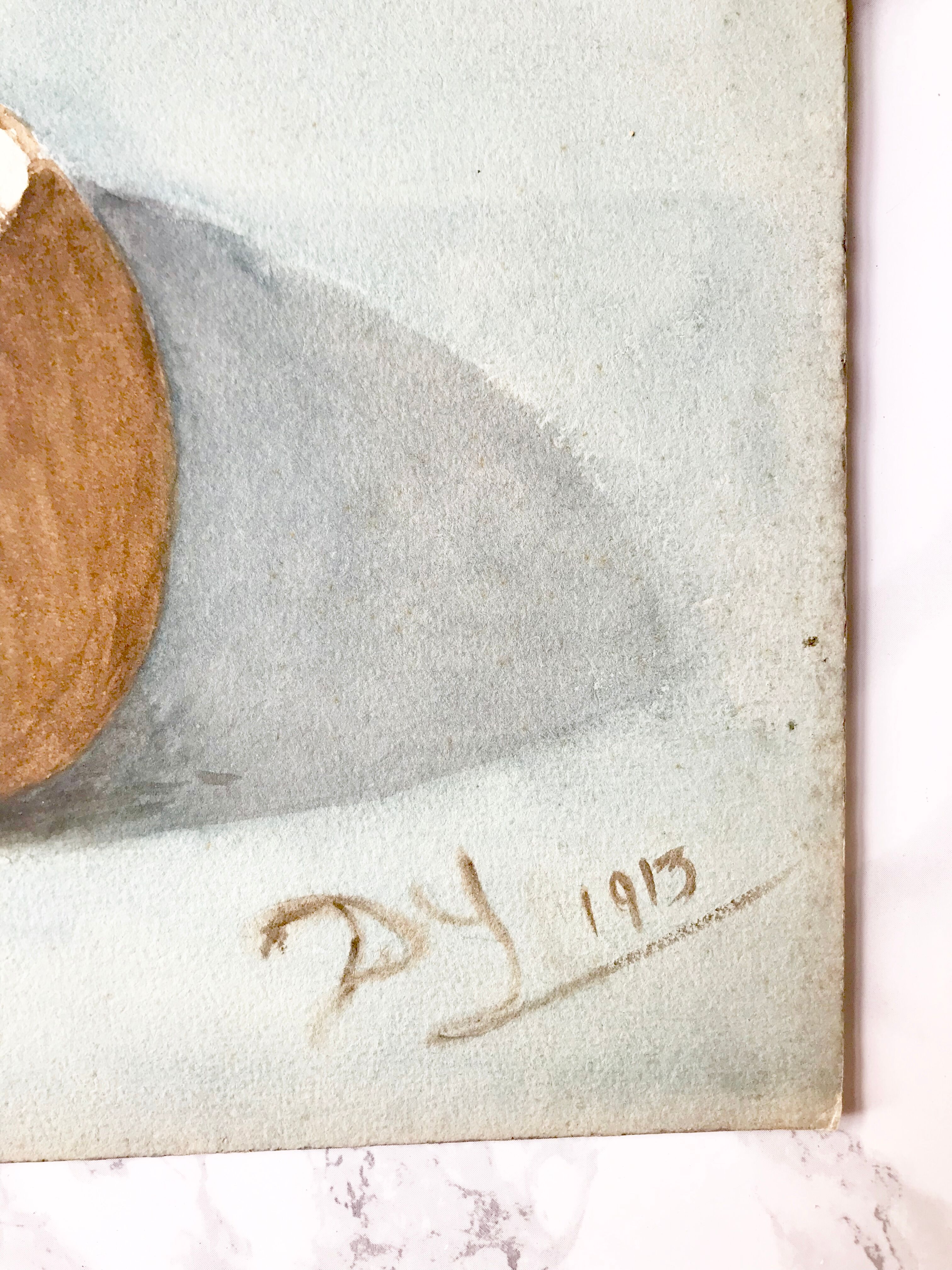 Ancient watercolor depicting an open coconut