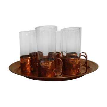 Service à liqueur ou alcools ou thé en verre et cuivre