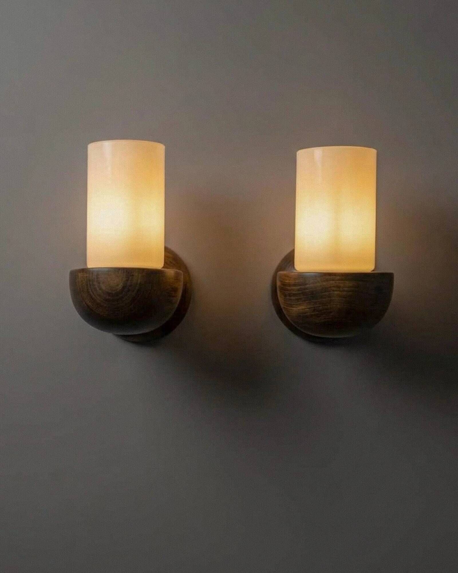 Vintage wall sconces from the 1960s, set of 2, dark wood with white glass shades, Mid-Century Modern lighting, sculptural wall sconces.