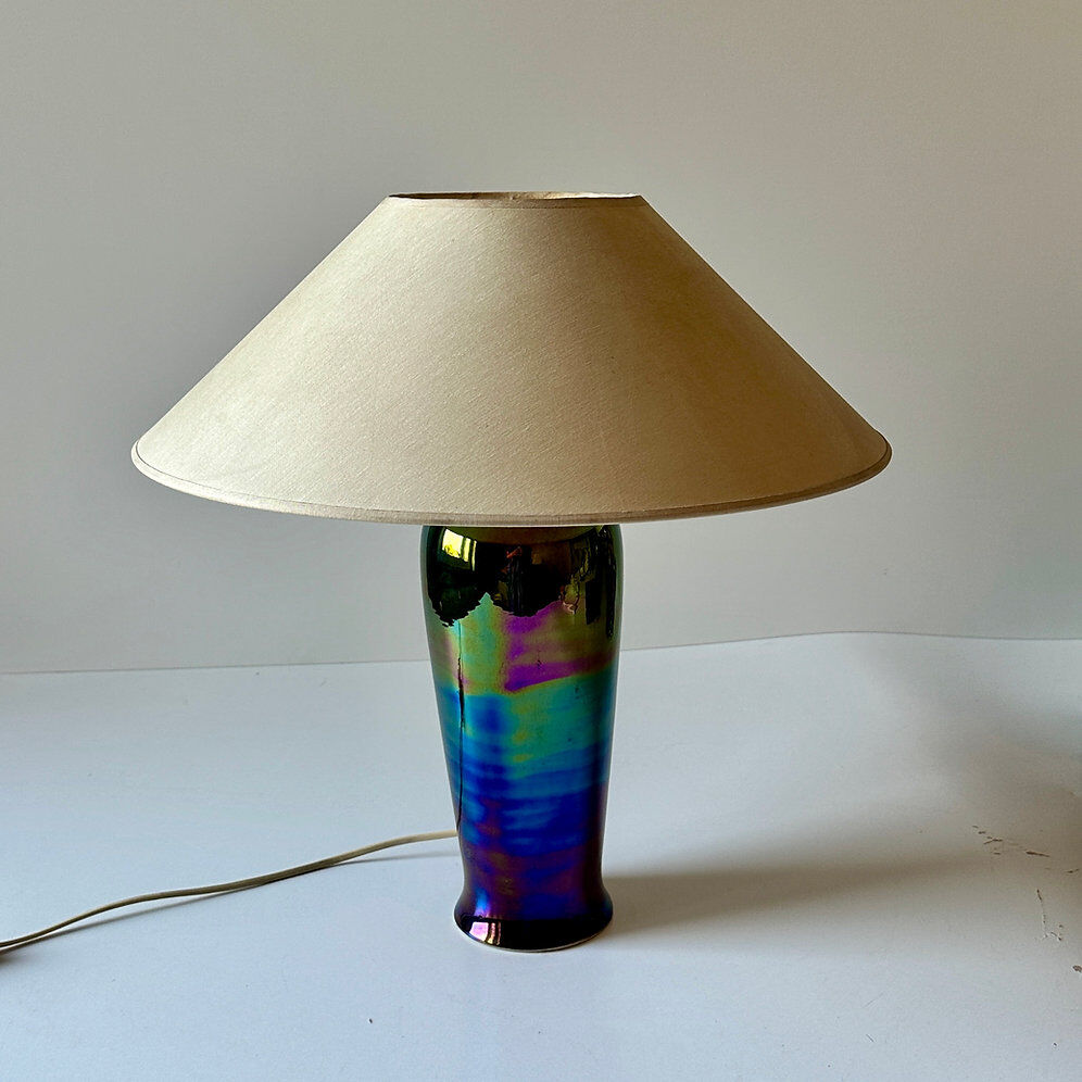 Vintage lavender iridescent ceramic table lamp, 1980s.