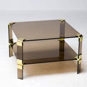 Table basse Hollywood Regency en verre fumé – Construction modulaire en laiton