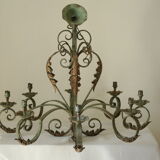 8-branch wrought iron chandelier with gray-green patina and antique gilding