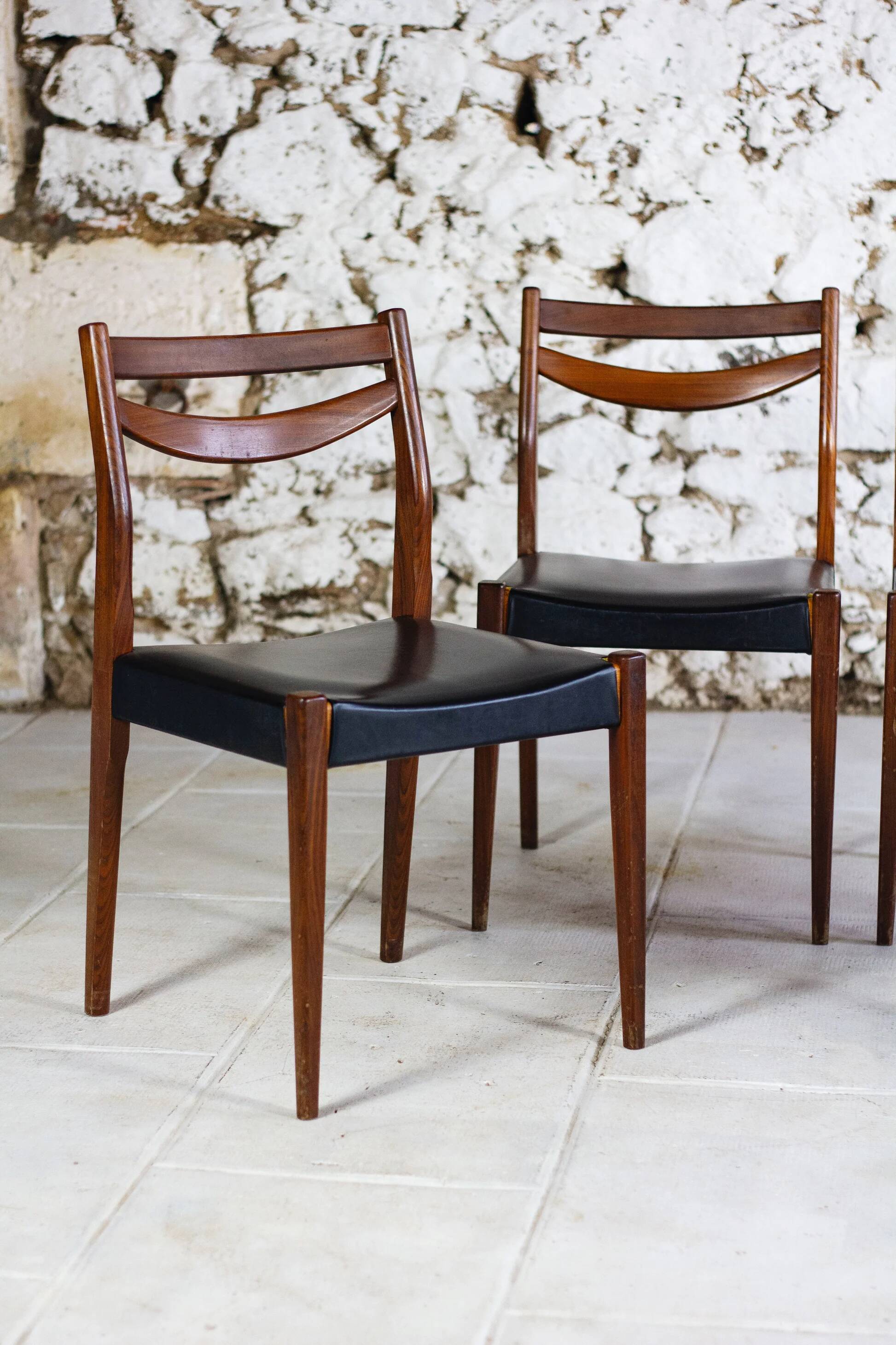 4 vintage Scandinavian chairs in teak and imitation leather, 1960