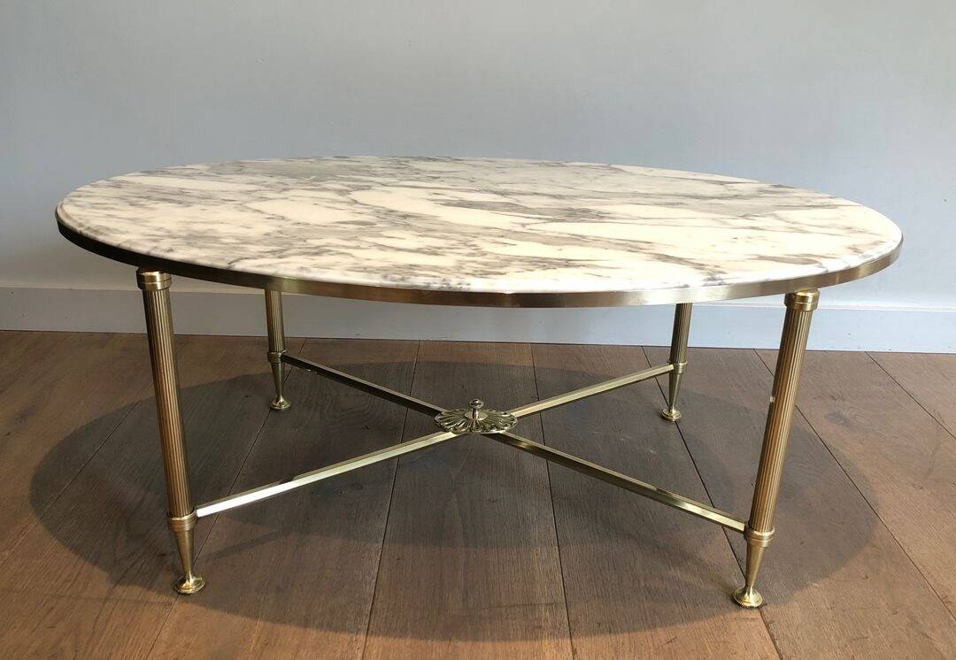 Neoclassical Oval Coffee Table in Brass and Carrara Marble, Janse House