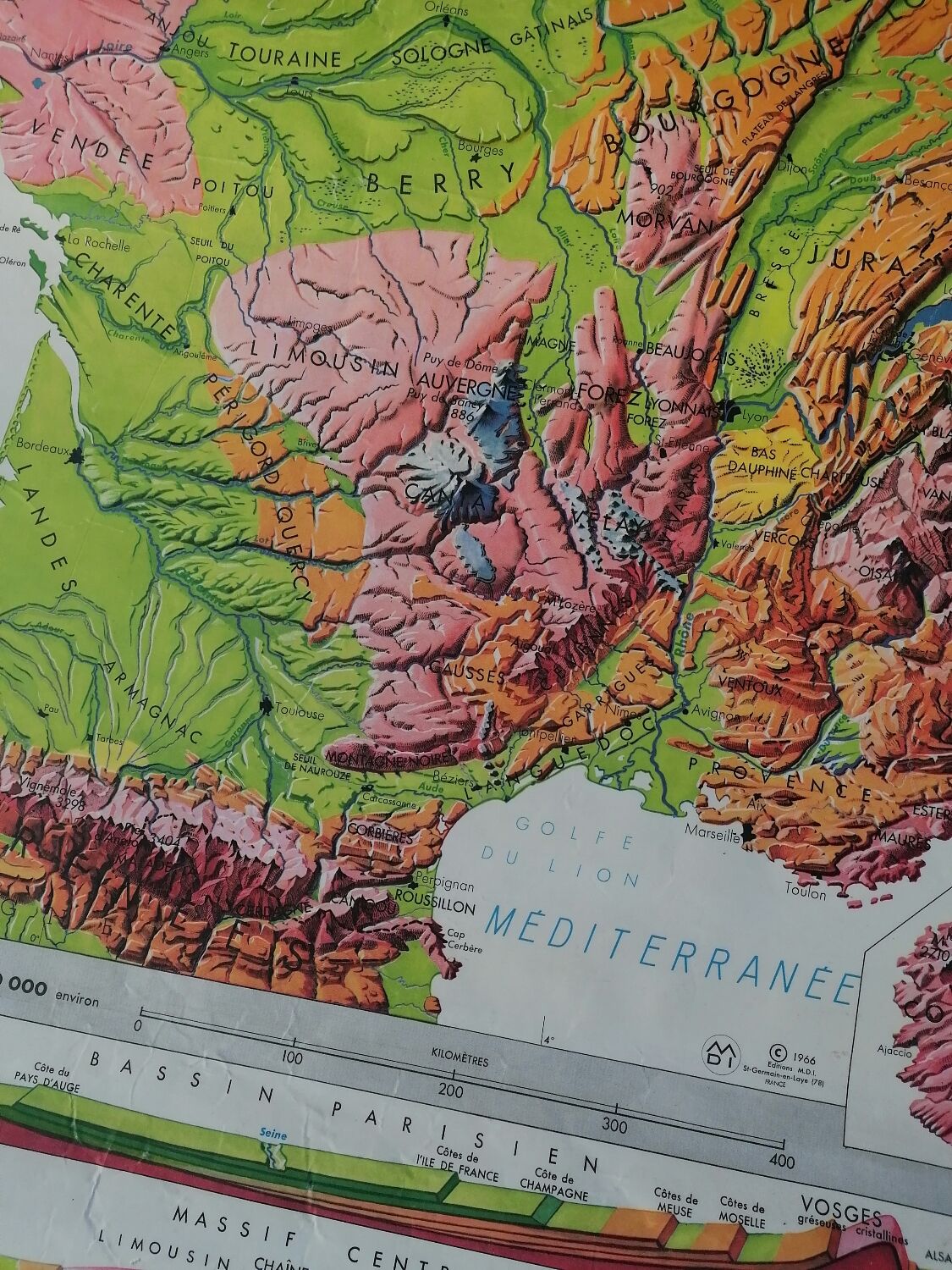 Old MDI map France geology and relief J.Bertin.