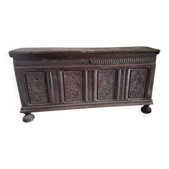 Large carved oak chest from the 17th century.