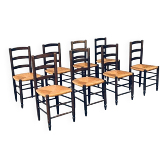 French Provincial Design Rush Dining Chairs, 1940s, Set of 8
