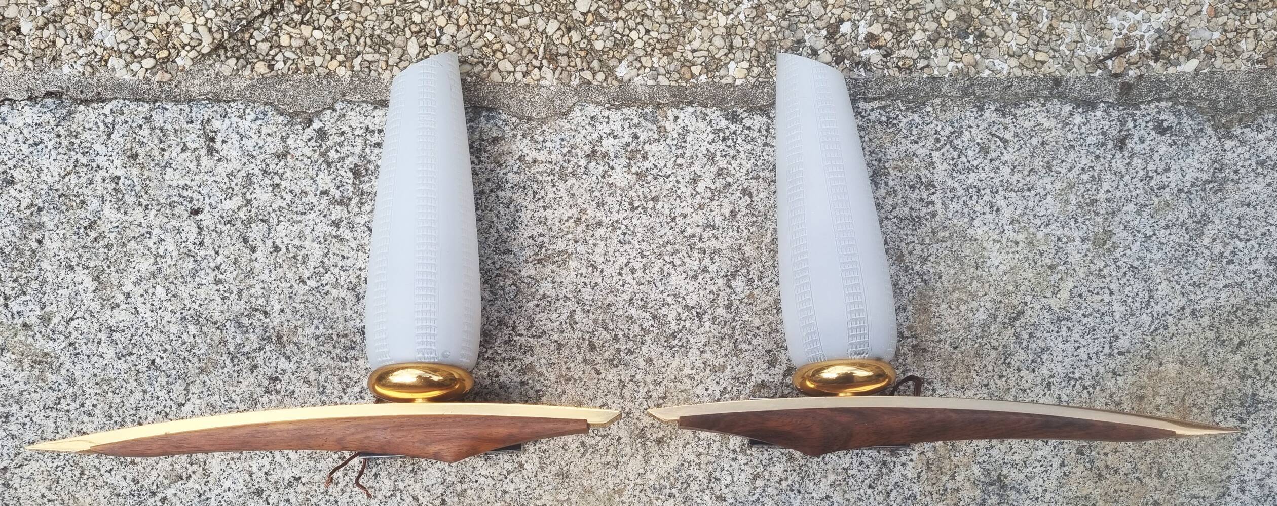 Pair of Scandinavian wall lights, teak, brass and opaline, vintage, 60s