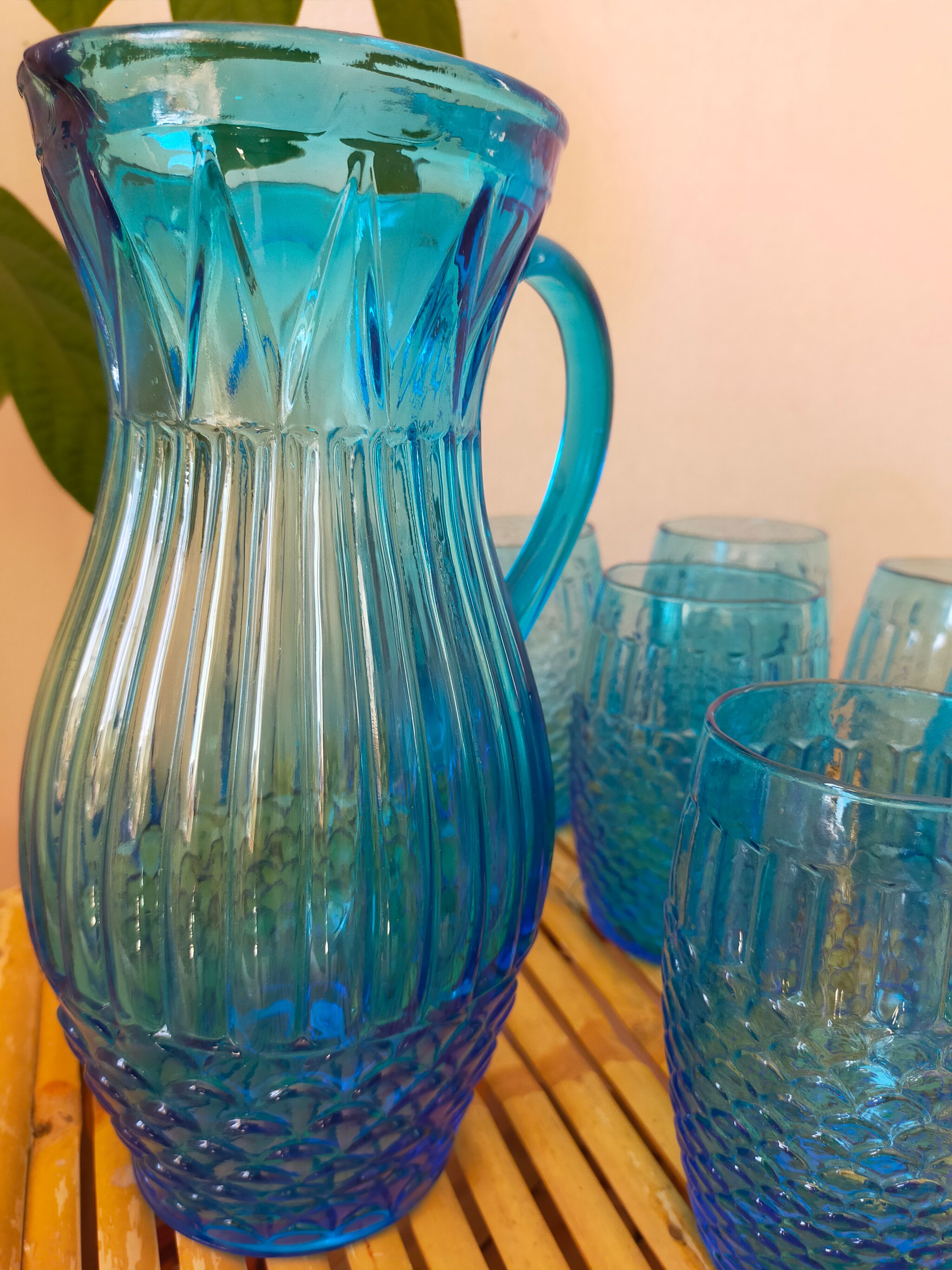 Vintage Art Deco blue molded glass orangeade set, pitcher and 6 glasses