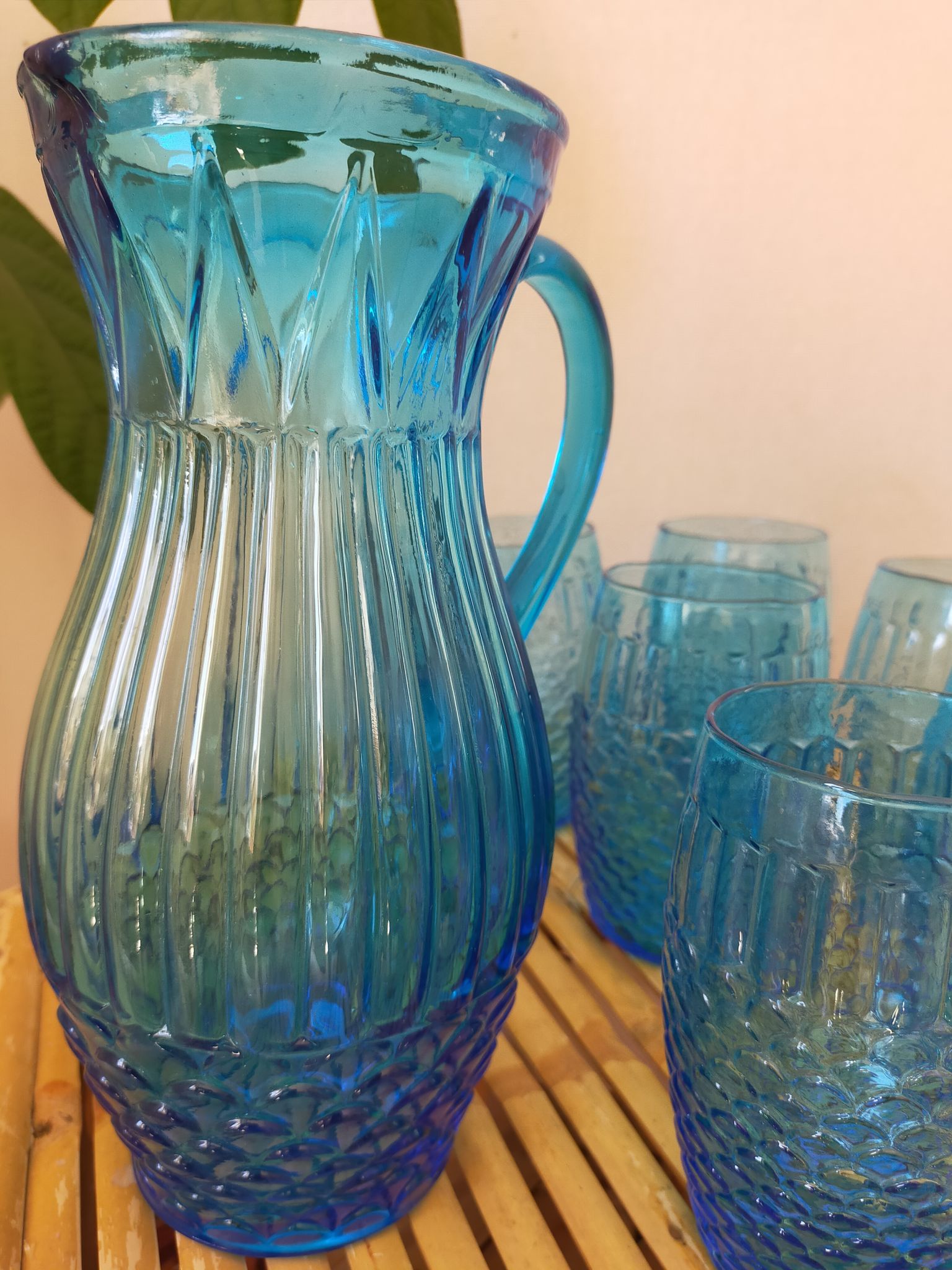 Vintage Art Deco blue molded glass orangeade set, pitcher and 6 glasses