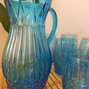 Vintage Art Deco blue molded glass orangeade set, pitcher and 6 glasses