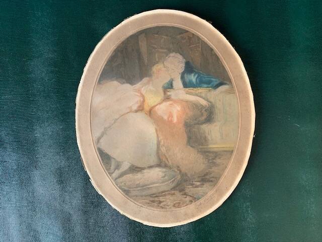 Old romantic engraving, gallant scene from the 19th century, signed, numbered, 1921