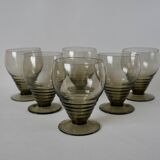 Set of 6 small art deco design wine glasses in smoked glass from the 30s and 40s