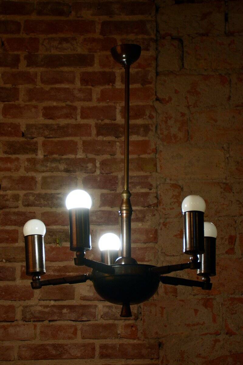 Cubist Chandelier in Brass and Bronze, Czech, 1910s