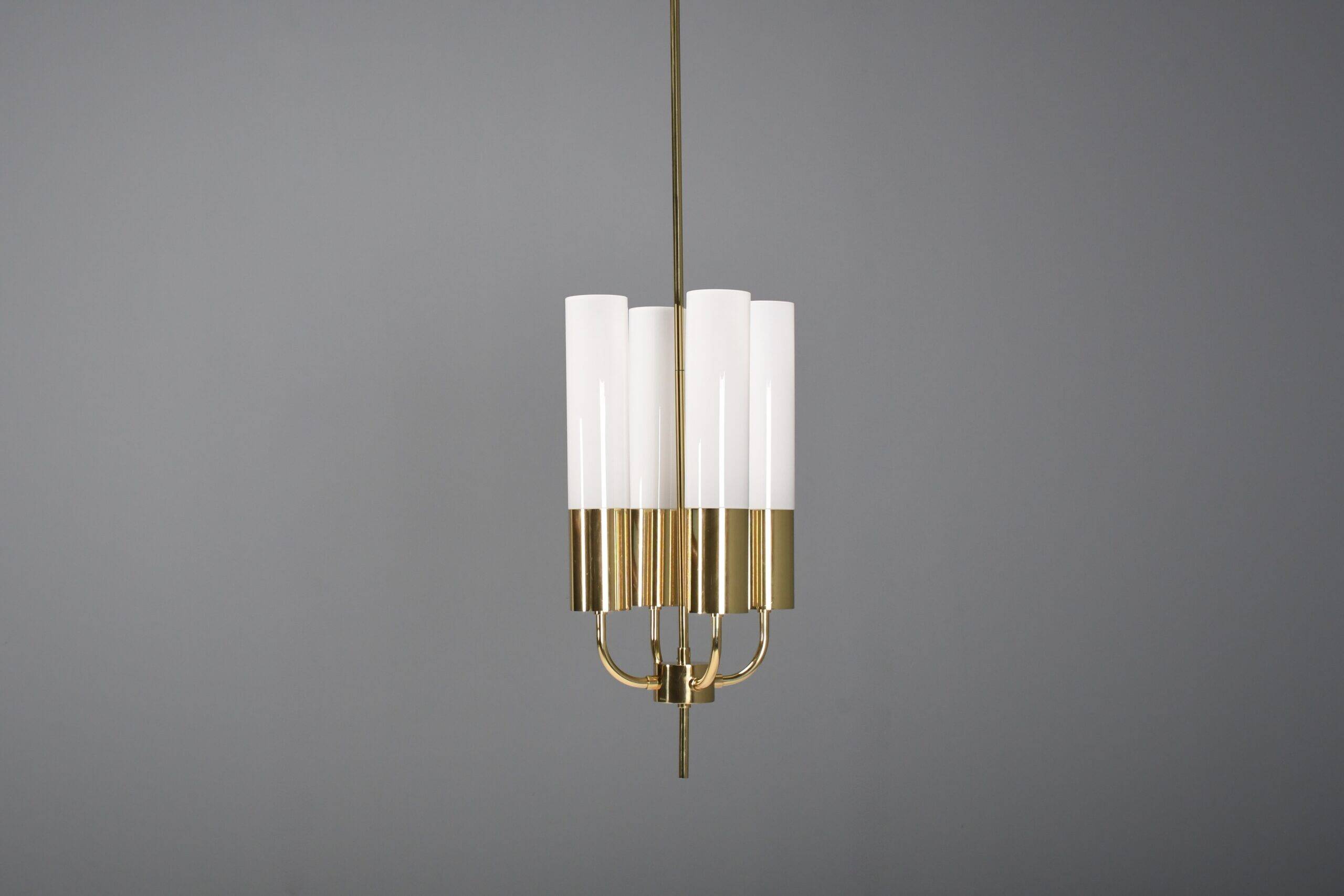 Large Glashütte Limburg brass & opaline chandelier, Germany, 1970s